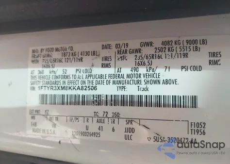 2019 Ford Transit-250 from USA, damaged, VIN 1FTYR3XM8KKA82506